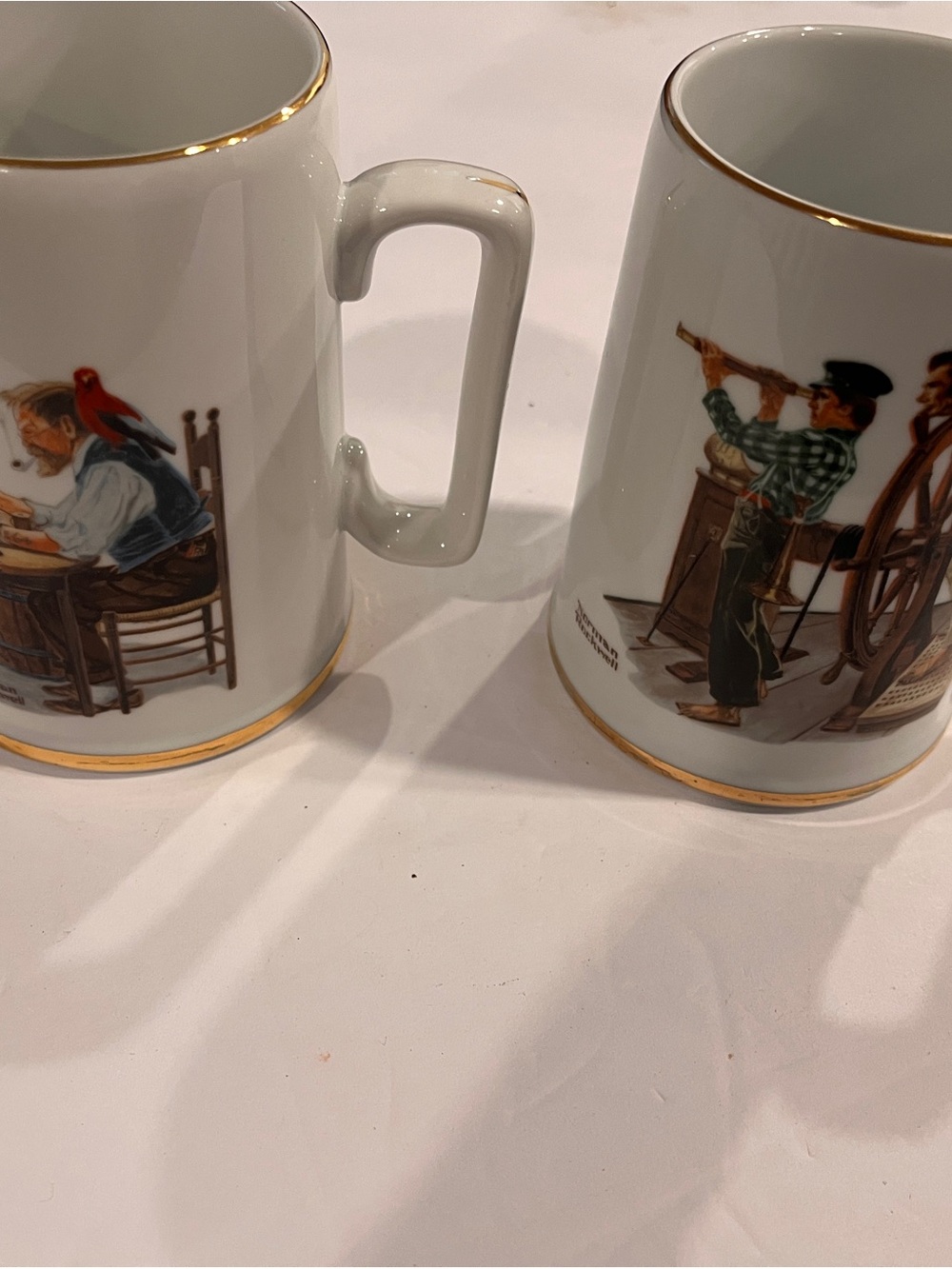 Vintage 1985 Norman Rockwell White and Gold Illustrated Ceramic Mugs - Pair